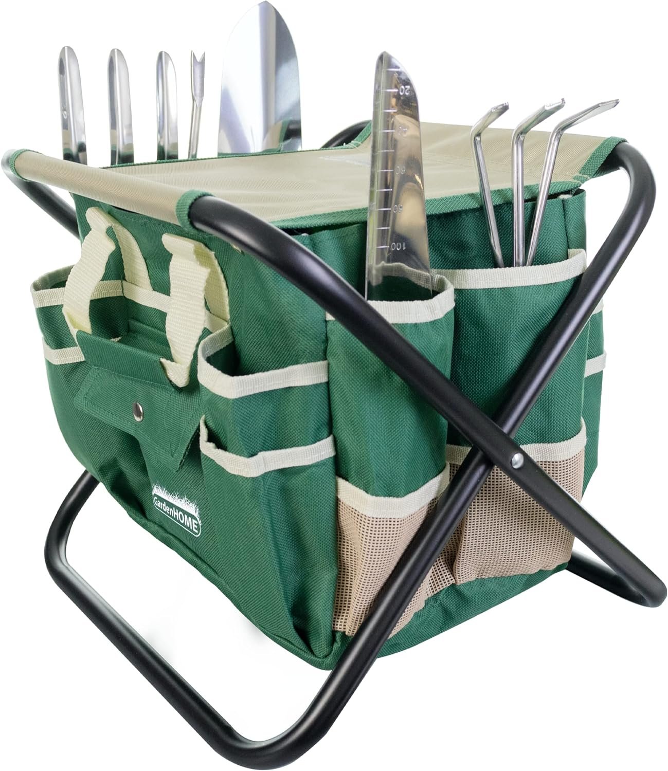 Garden Tool Set, Stainless Steel 7 Piece Tool Set, Heavy Duty Folding Stool, Detachable Canvas Tote Bag, Gardening Tool Kit Organiz