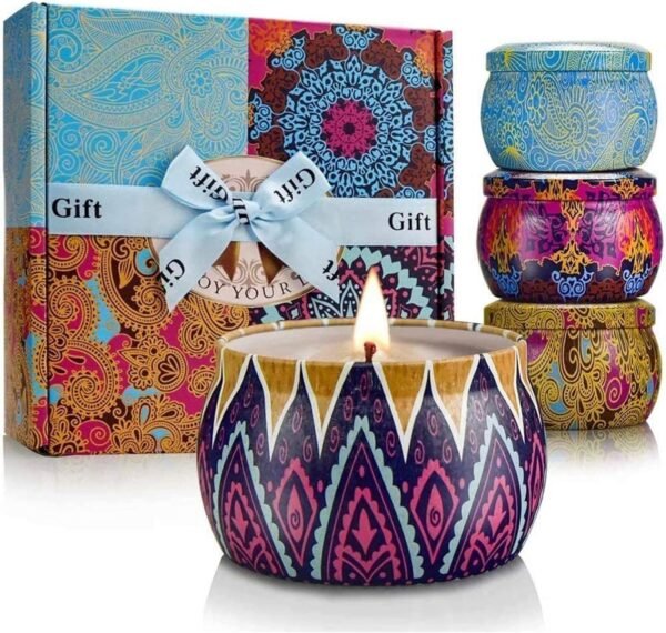 Scented Candles Gift Set, 8% Essential Oil, 4 Pack Aromatherapy Candle, Stress Relief Gifts for Women,120H Burning, Candles for Home Scented, Ideal for Birthday, Christmas, Thanksgiving, Mother's Day